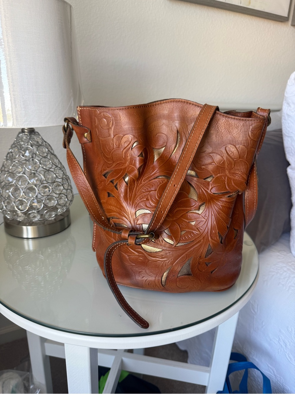 Patricia Nash Women's Leather Tan Floral Tooled Leather Shoulder Bag